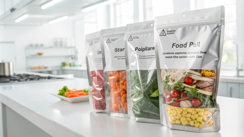 Eco-friendly food packaging with clear labeling, airtight seal, modern design, sustainable materials, freshness protection, user-friendly resealable feature, product visibility, strong packaging, safe food storage, appealing presentation.