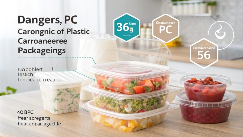 Food in plastic containers made of PVC, PS, and Polycarbonate under high heat, plastics deforming, potential BPA release, harmful chemical vapor, food safety concern, cancer-causing risk, high-temperature environment, unsafe packaging, plastic types identified, risk of contamination.