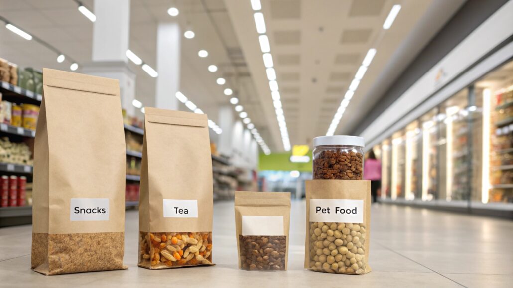 Different-sized kraft paper pouches labeled for nuts, tea, and flour