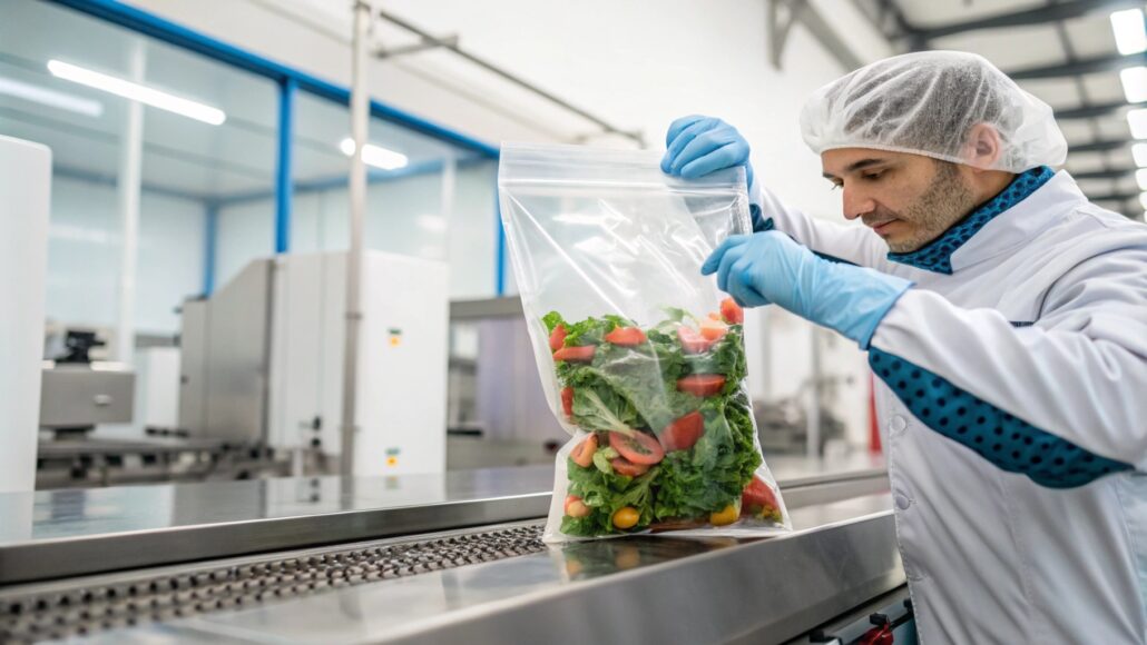 Worker inspecting food packaging for quality control, sterile environment, automated packaging system, food safety standards, hygiene protocols, sealed products, factory production line, protective gloves, clean workspace, quality assurance.