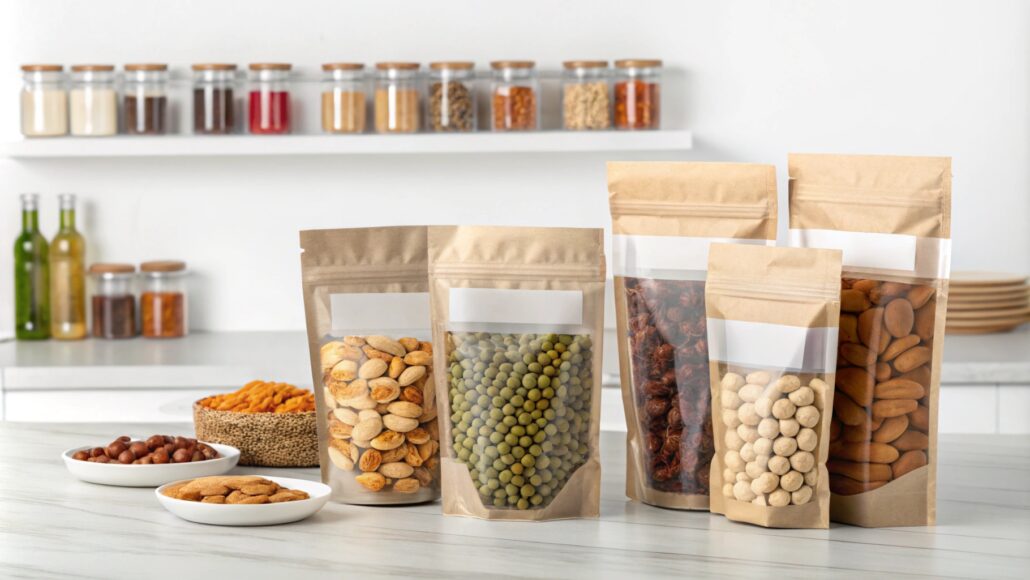 Eco-friendly food packaging with clear labeling, recyclable materials, resealable design, freshness protection, attractive graphics, transparent window, product visibility, user-friendly, modern packaging, sustainability focus, safe food storage.