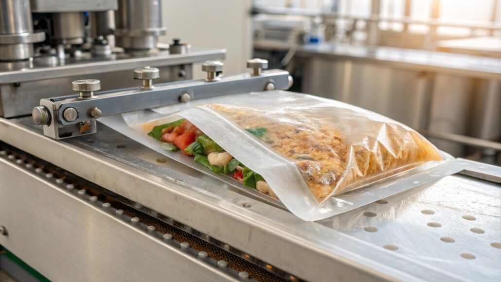 Transparent food packaging with easy-to-read labels, resealable closure, fresh product visibility, eco-friendly materials, modern design, protective seal for freshness, convenient storage, durable packaging, sleek look, practical for consumers.