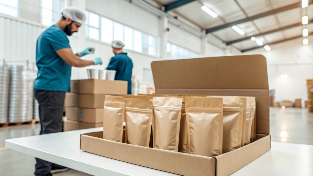 High-definition shot of kraft pouch seal being applied for product security