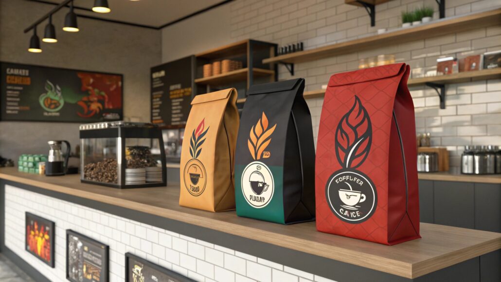 Coffee bags, cafe interior, wooden counter, coffee beans, stylish packaging, modern decor, coffee shop, product branding, menu board, warm lighting.