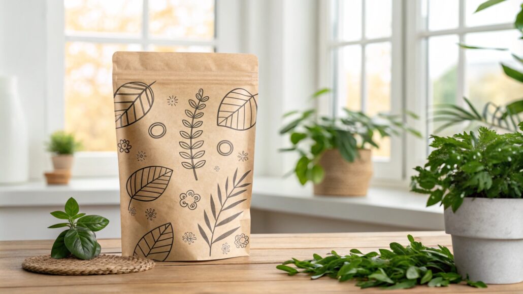 Eco-friendly kraft bag with subtle pattern and natural food