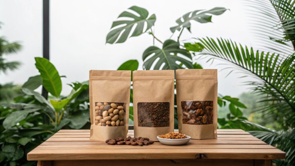 Kraft paper bags with tea, coffee, and nuts in fresh, natural environment