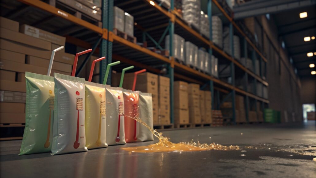 Juice pouches with straws in a warehouse, one leaking liquid onto the floor, surrounded by shelves and boxes.