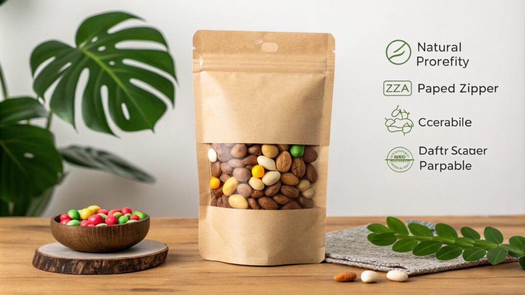 Eco-conscious packaging in stand-up kraft bag with snacks