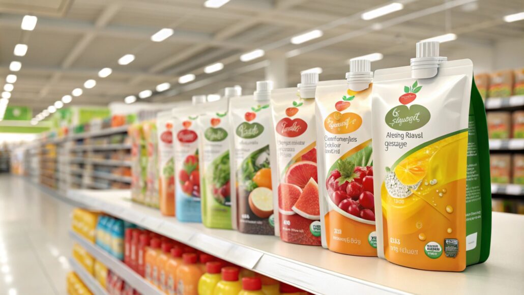 Neatly arranged juice and condiment pouches on supermarket shelf, featuring vibrant colors, eye-catching brand designs, and straw packaging in a bright shopping environment.