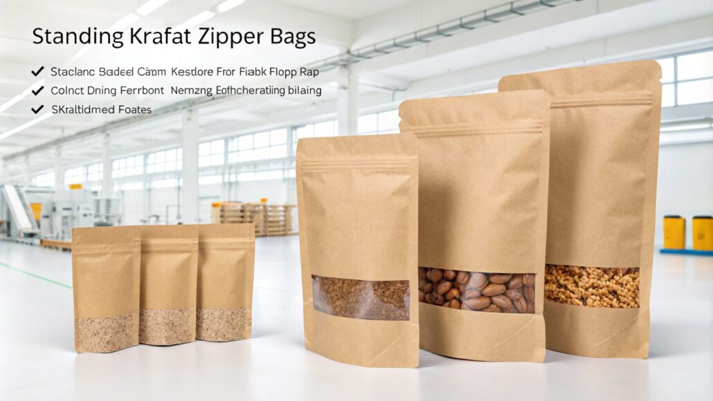 Stand-up kraft bags with clear windows showcasing product advantages