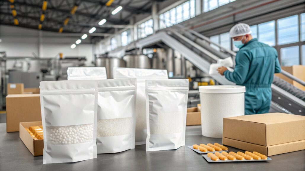 Worker packing products using functional packaging materials such as leak-proof bags and foam inserts, factory production line in the background, emphasis on packaging's protective features, bright lighting highlighting packaging details and product safety, realistic textures, sharp contrast, high-definition photography, efficient and functional packaging process.