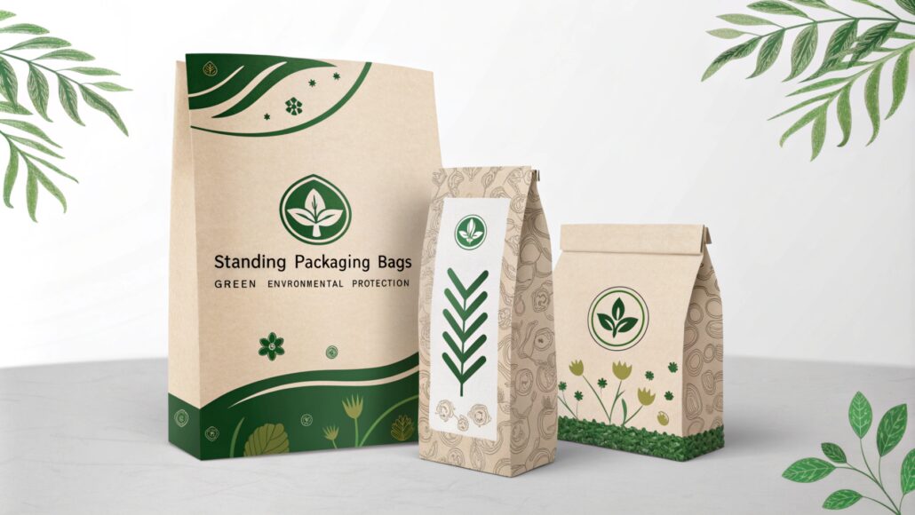 Various innovative eco-friendly packaging designs, featuring recyclable and biodegradable materials, stand-up pouches with green environmental logos, modern and minimalist design, background with green plants and sustainability elements, highlighting the brand’s commitment to sustainability, soft textures and natural lighting, eco-conscious packaging concept.