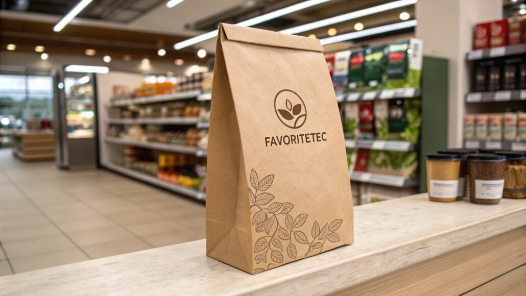 Custom printed kraft paper bag with brand logo on retail shelf