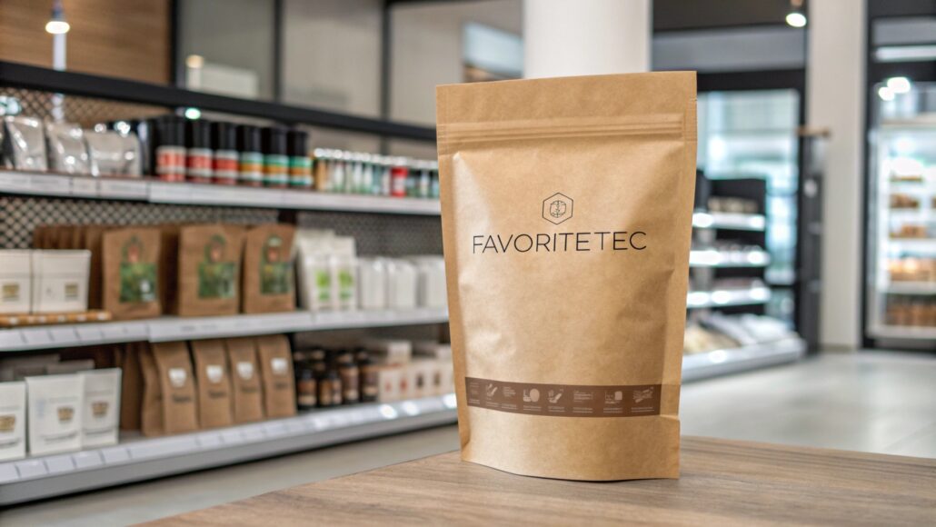 Detailed kraft paper bag with bright design and bold brand logo