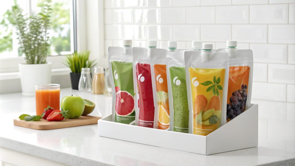 Assorted juice pouches with fruit flavors, fresh fruits, cutting board, and kitchen counter.