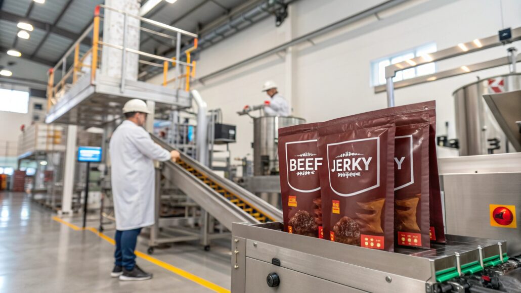 Beef jerky in a durable resealable pouch, vibrant branding, clear product window, moisture-proof design, freshness seal, easy-to-open feature, high-quality material, portable snack, secure closure, practical for on-the-go consumption.