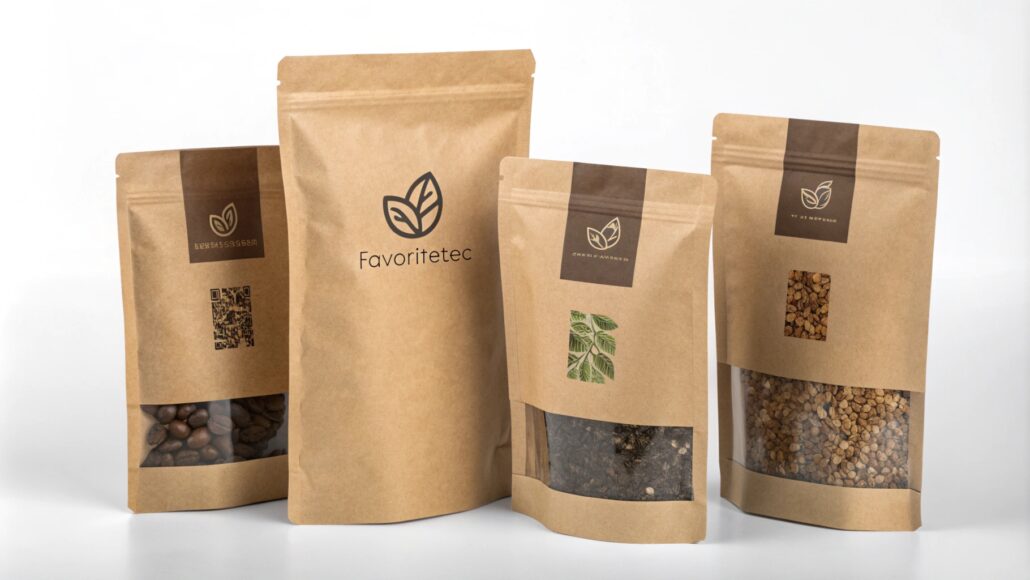 Natural light highlighting kraft paper bags with simple, distinctive brand logos