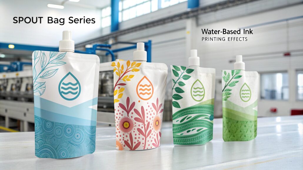 A set of custom spout pouches showcasing both water-based and solvent ink printing effects. Bright, clear brand designs and eco-friendly logos are printed, with water-based inks providing natural, sharp patterns. The pouches are displayed against a modern printing factory backdrop, highlighting advanced printing techniques and sustainable branding.