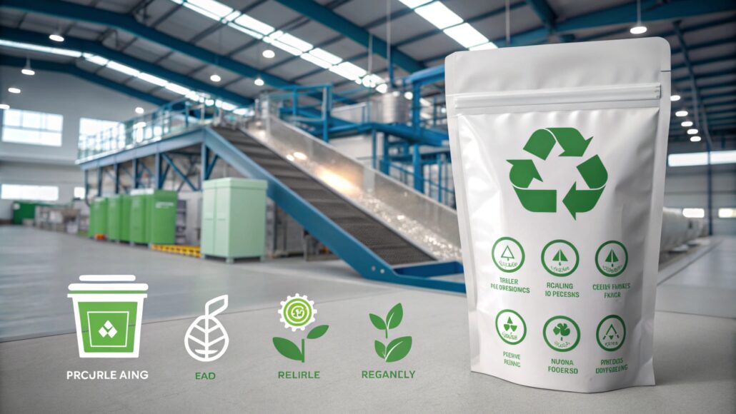 Single-material structure spout pouch with clear recycling symbol and green eco-friendly branding. The pouch highlights its recyclability with clear, prominent labels, set against a modern recycling facility backdrop, emphasizing sustainable packaging solutions.