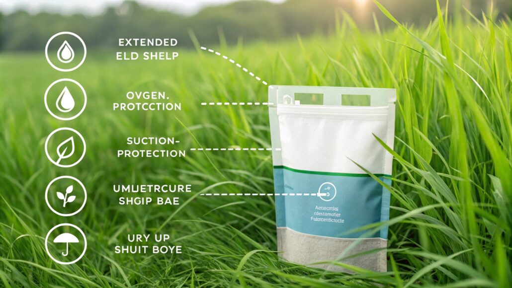 Eco-friendly food pouch in grassy field, highlighting oxygen protection, moisture resistance, and extended shelf life.