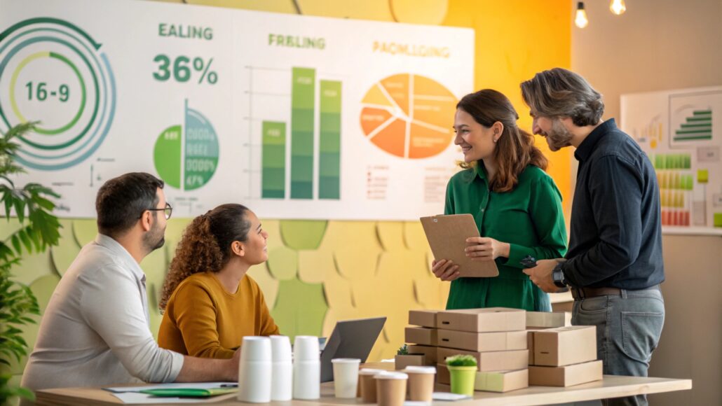 Business owner and packaging designer discussing new packaging concepts, desk covered with sketches and paper designs, wall adorned with various packaging samples, cozy lighting illuminating the meeting table, modern and minimalist office background, soft tones and creative atmosphere, clean lines and professional ambiance, digital painting style.