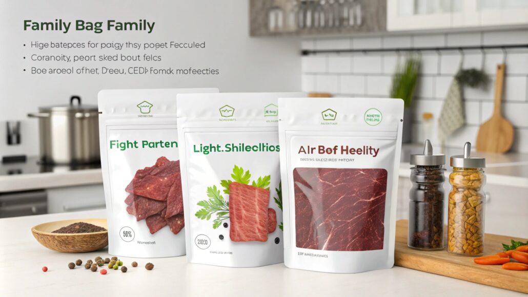 Beef jerky in a durable resealable pouch, clear window for product visibility, vibrant branding, moisture-resistant material, freshness preservation, convenient portable snack packaging, easy-to-open design, secure closure, high-quality packaging for long-term freshness.