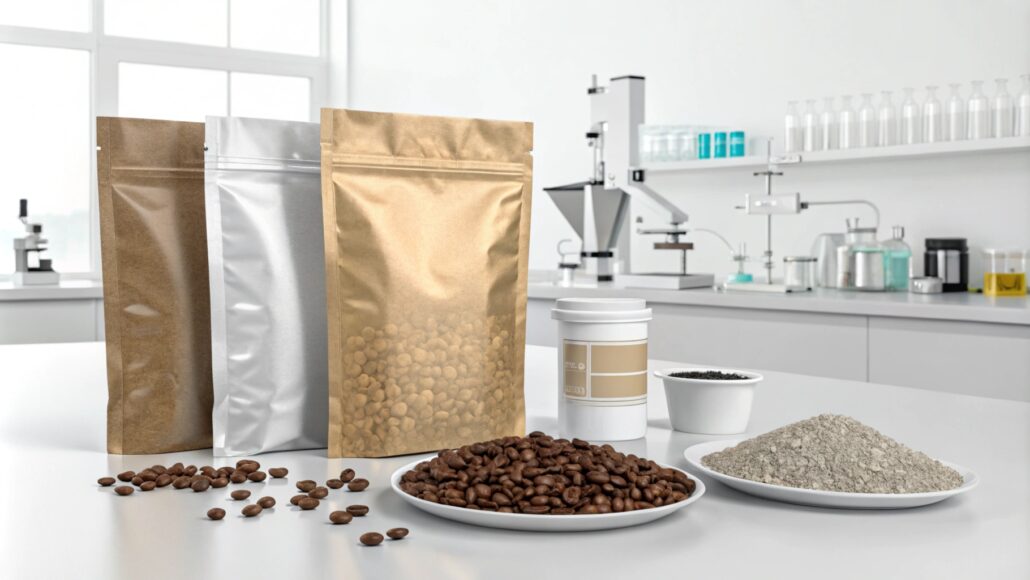 Coffee bag samples, PET and aluminum foil, high barrier performance, laboratory setting, scientific equipment, material protection, oxygen barrier, moisture resistance, premium packaging, modern lighting.