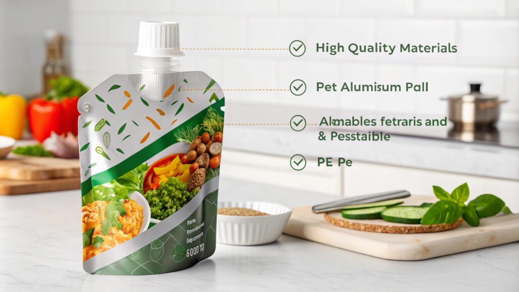 Eco-friendly vegetable packaging pouch with fresh ingredients, cutting board, cucumbers, and kitchen background.