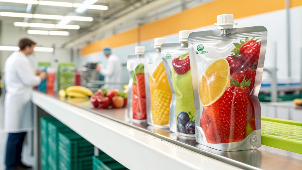 Custom spout pouches filled with fruit puree, made from durable laminated materials like PET, PE, and aluminum foil. Clear, secure sealing, vibrant brand design visible, displayed on a bright and fresh shelf backdrop. Perfect for on-the-go convenience and brand visibility.