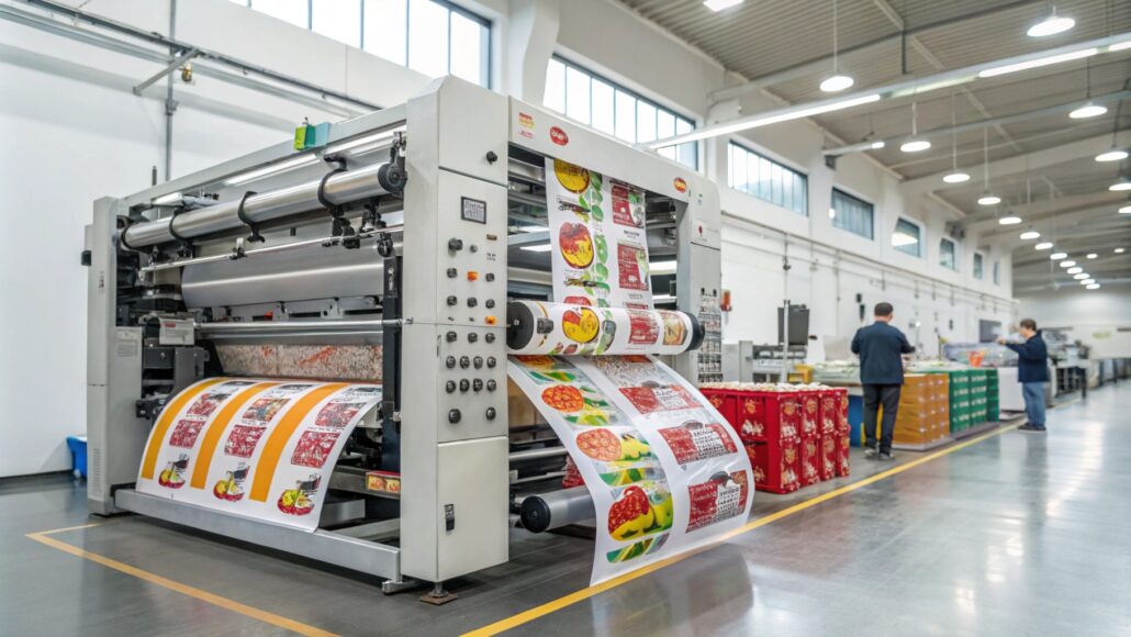 Advanced rotogravure printing machine in action, showcasing the precise, vibrant brand design on spout pouches. Rich colors and sharp images are printed on durable packaging material, with a bright, modern printing workshop backdrop emphasizing cutting-edge technology and fine print quality.